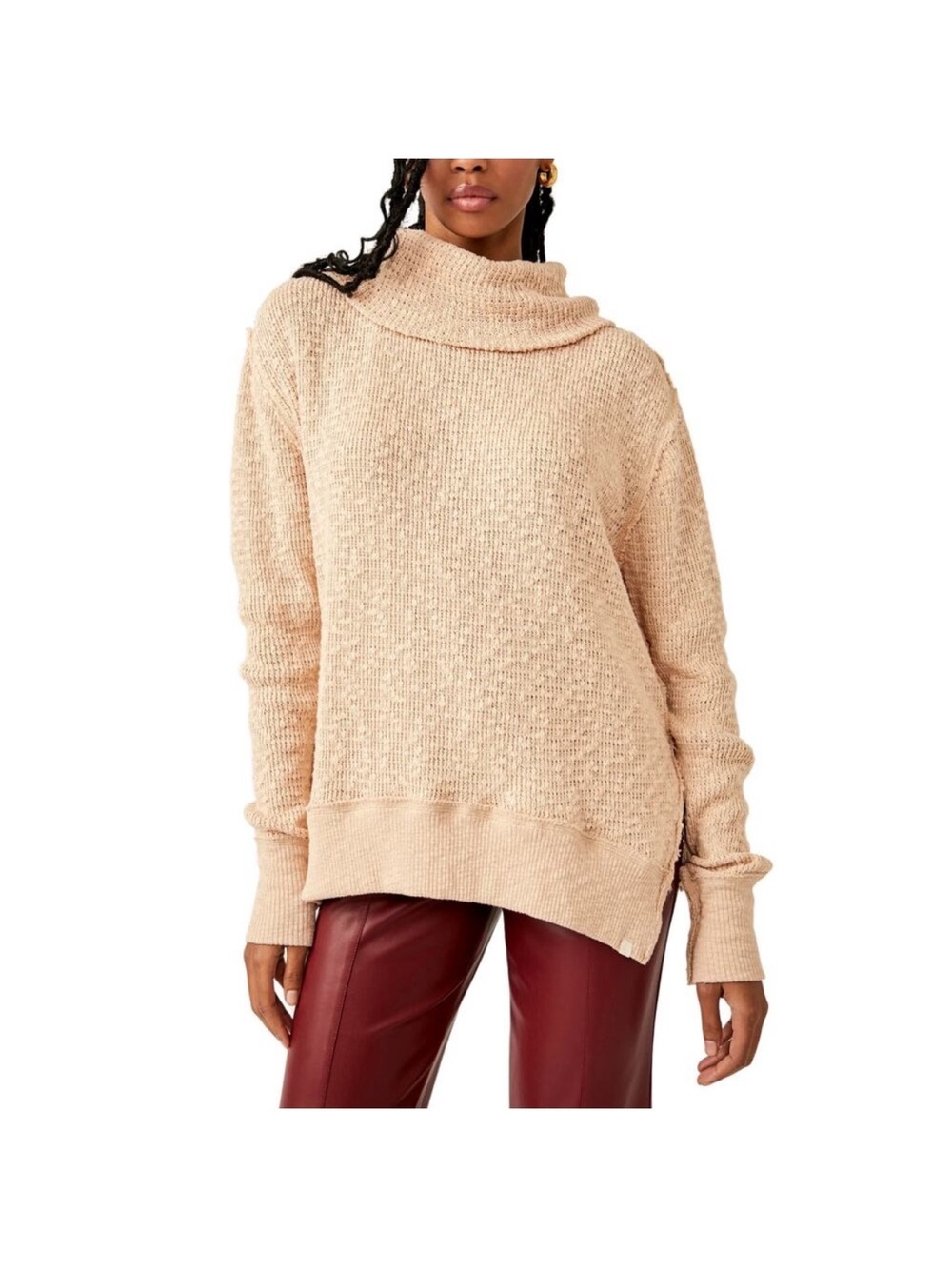 We The Free Tommy Tan Relaxed Cowl-Neck Sweater Oversized Slouchy Nubby S